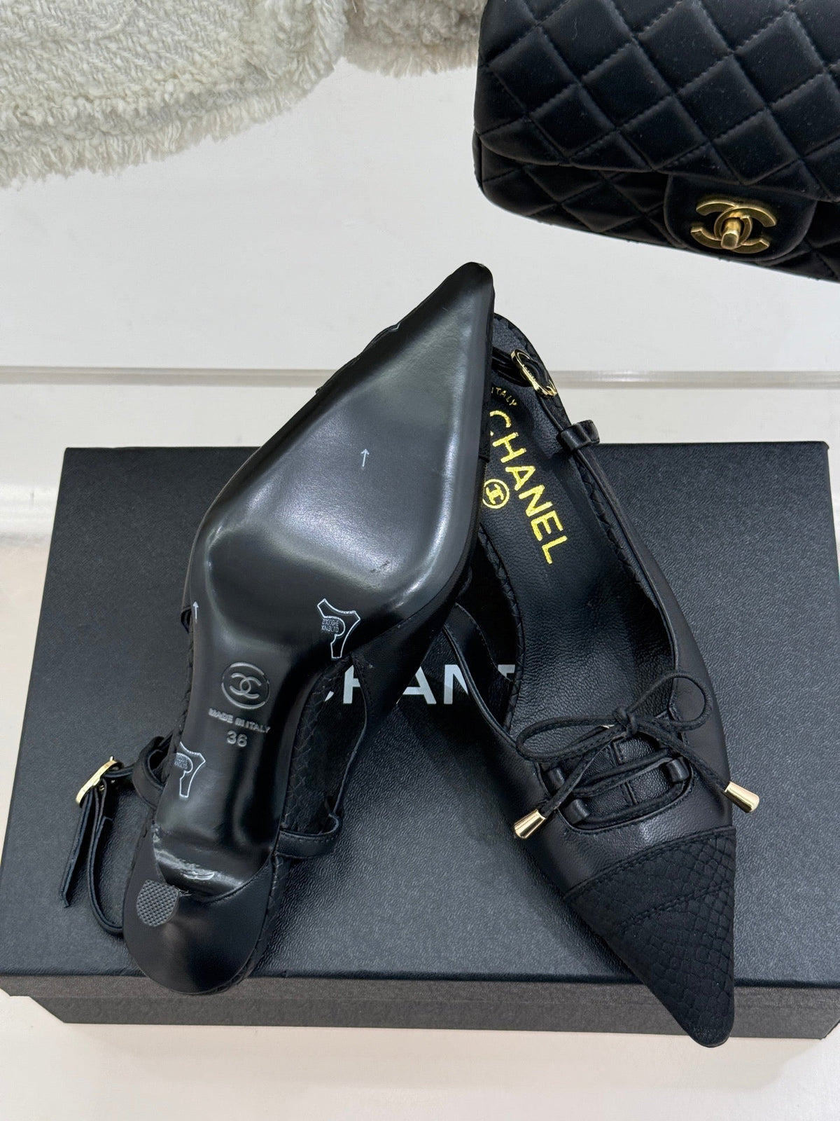 CC 25C Bowknot Slingback Sandal 60mm Black Sheepskin Black Grosgrain 265655