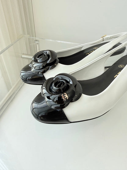CC 26s Slingback Floral 3.5cm Black White Patent Leather 597415