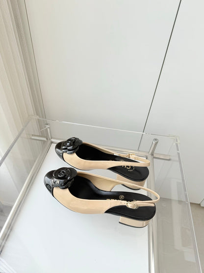 CC 26s Slingback Floral 3.5cm Black Beige Patent Leather 597417
