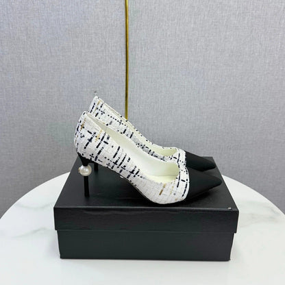 Chanel 2026 Pumps 85mm Tweed Pearl White Black 801952