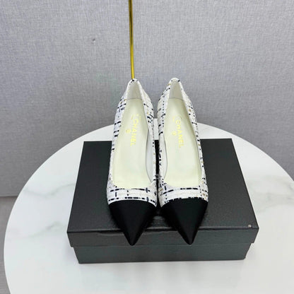 Chanel 2026 Pumps 85mm Tweed Pearl White Black 801952