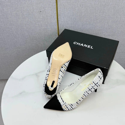 Chanel 2026 Pumps 85mm Tweed Pearl White Black 801952