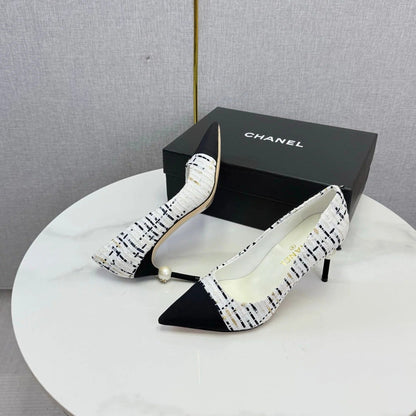 Chanel 2026 Pumps 85mm Tweed Pearl White Black 801952