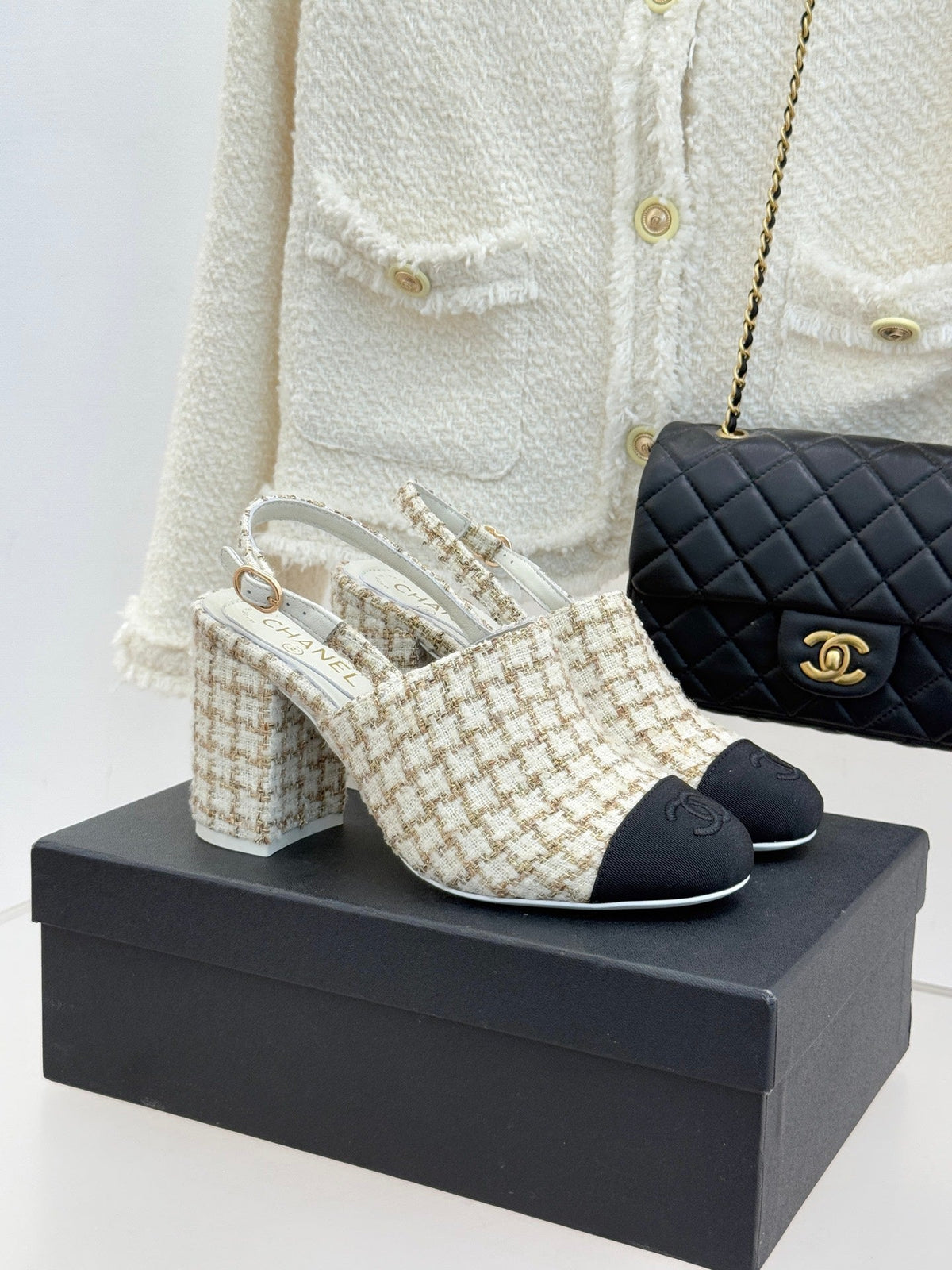 CC 26 Slingback Cream Black Tweed Grosgrain 609987