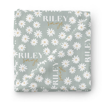 Soft Green Daisy Personalized Swaddle Blanket